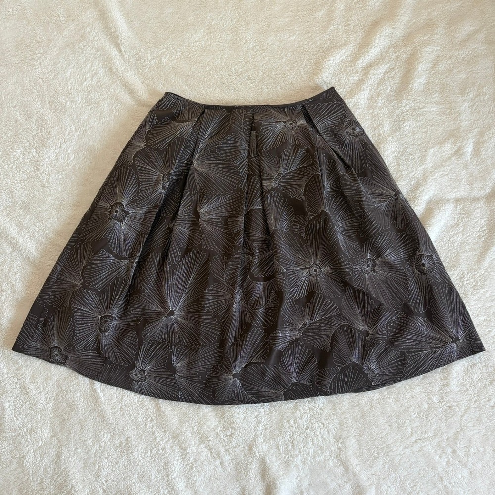 Talbots Pure Silk Brown Floral Metallic Skirt Women's 8 Pleated A line